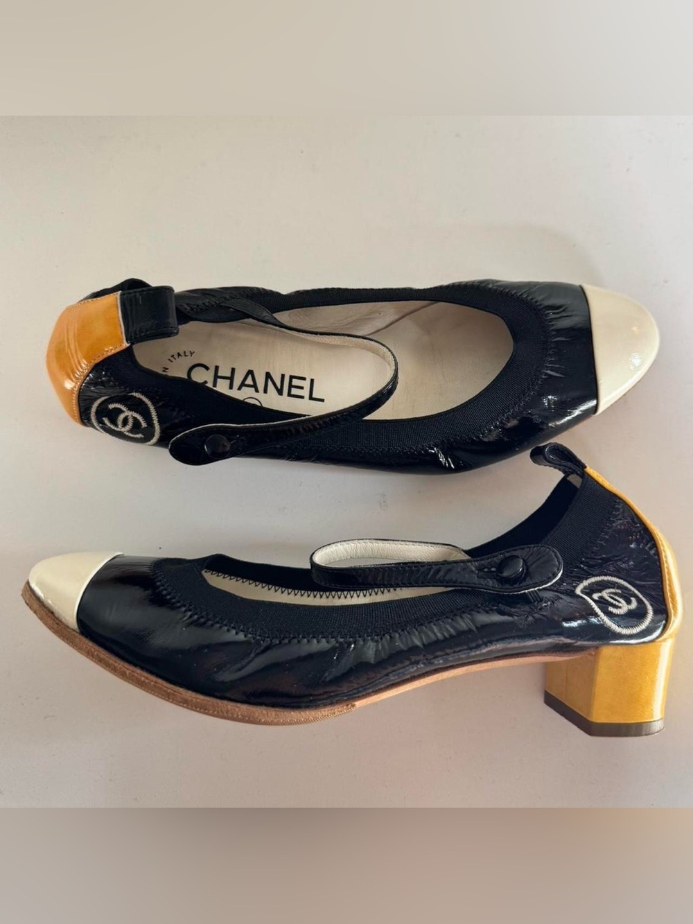 Chanel Black Patent Leather Mary Jane Slingback Heels with White Cap Toe